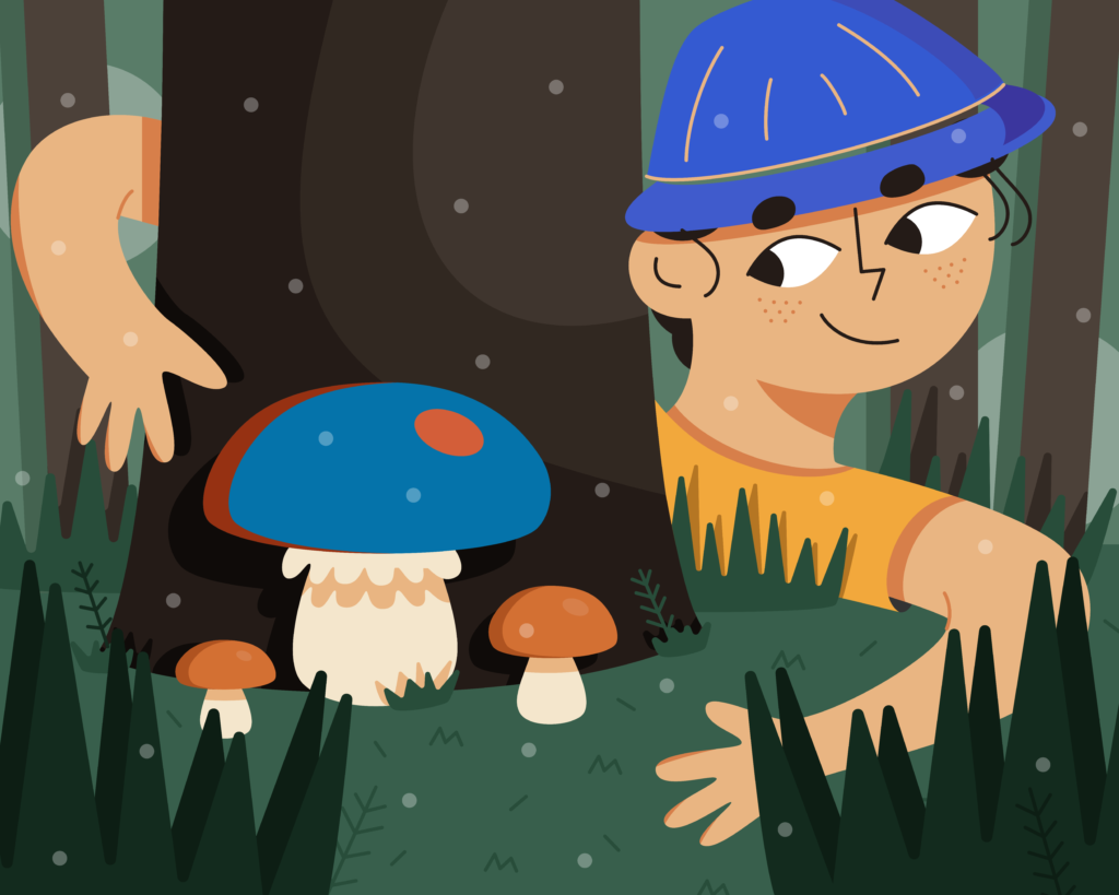 boy reaching for blue mushroom